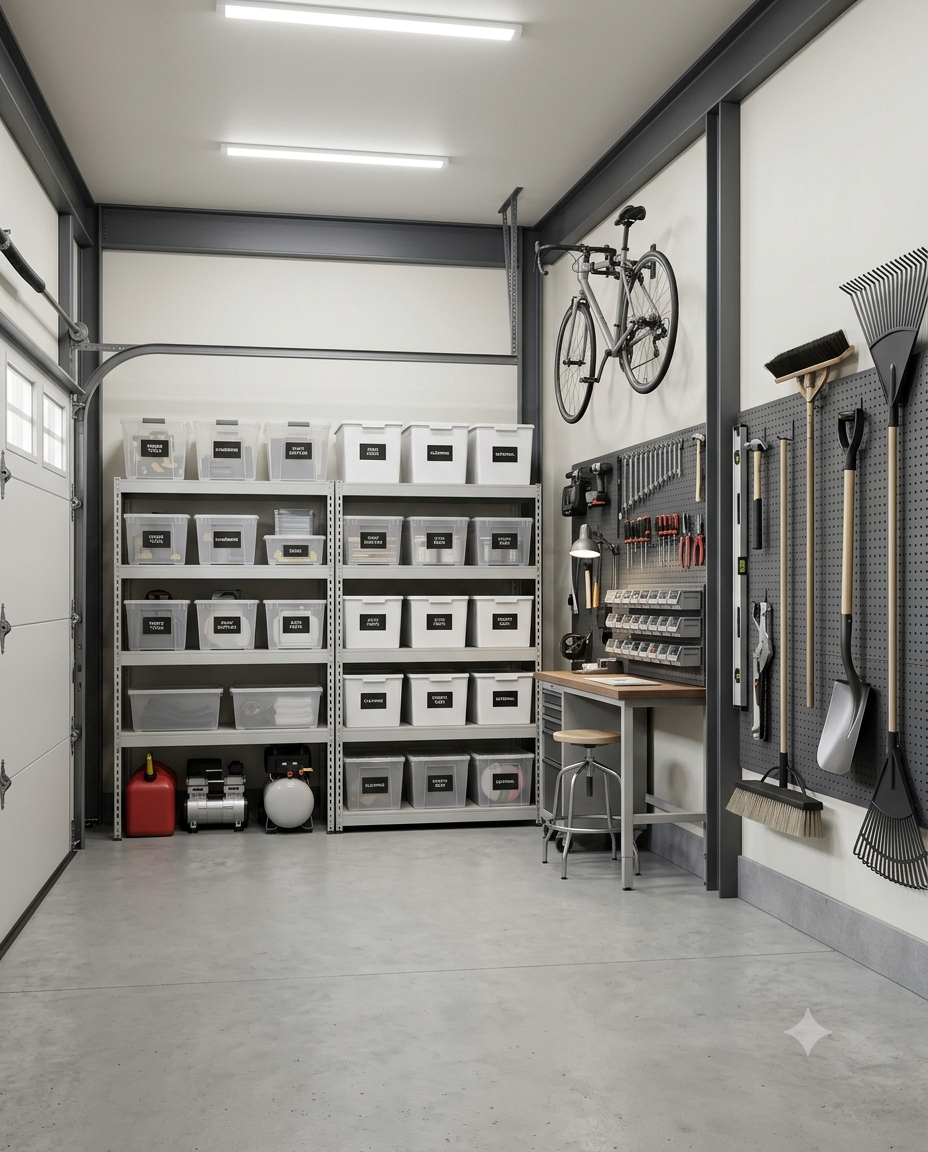 Organized garage with labeled bins
