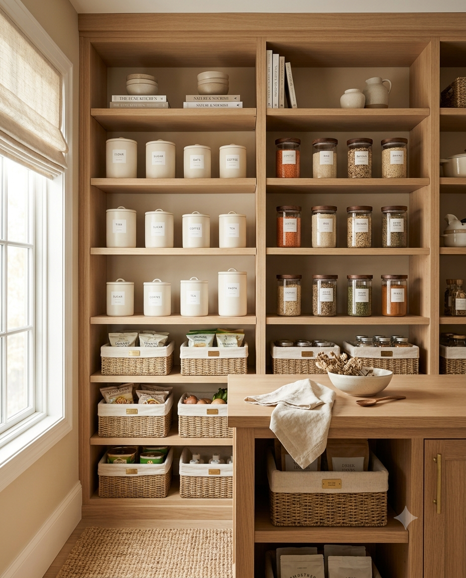 Organized pantry with labeled canisters